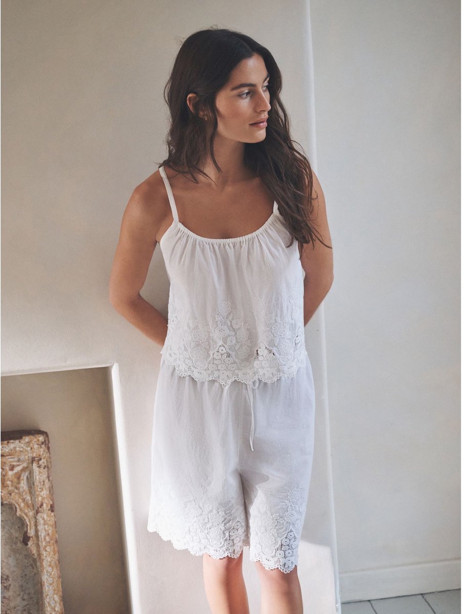 Next Dames - Katoenen jortpyjama met borduursel - Wit White