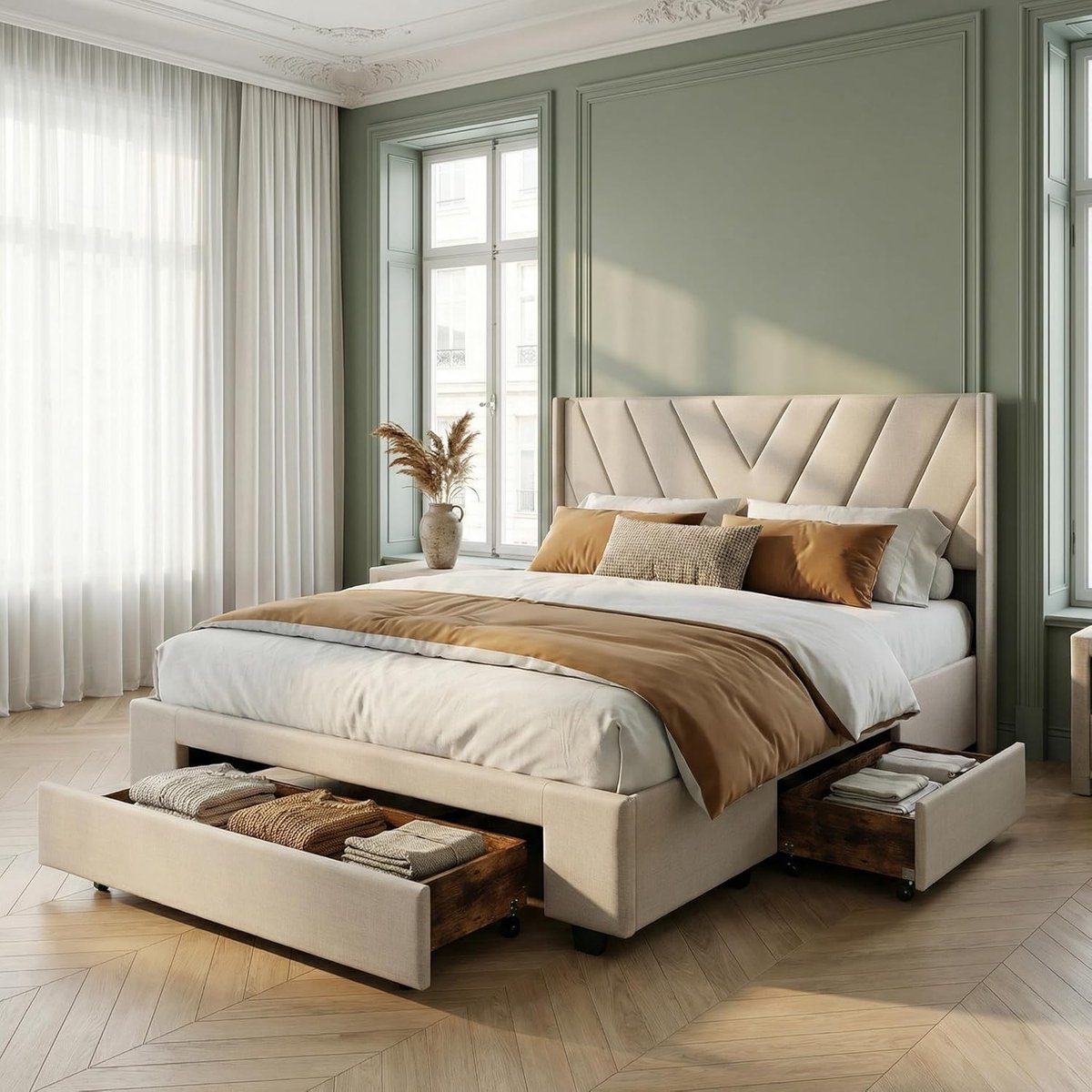 Gestoffeerd Bed - Tweepersoonsbed Opslag - Slaapkamer Inrichting - Met 3 Laden - 160x200cm