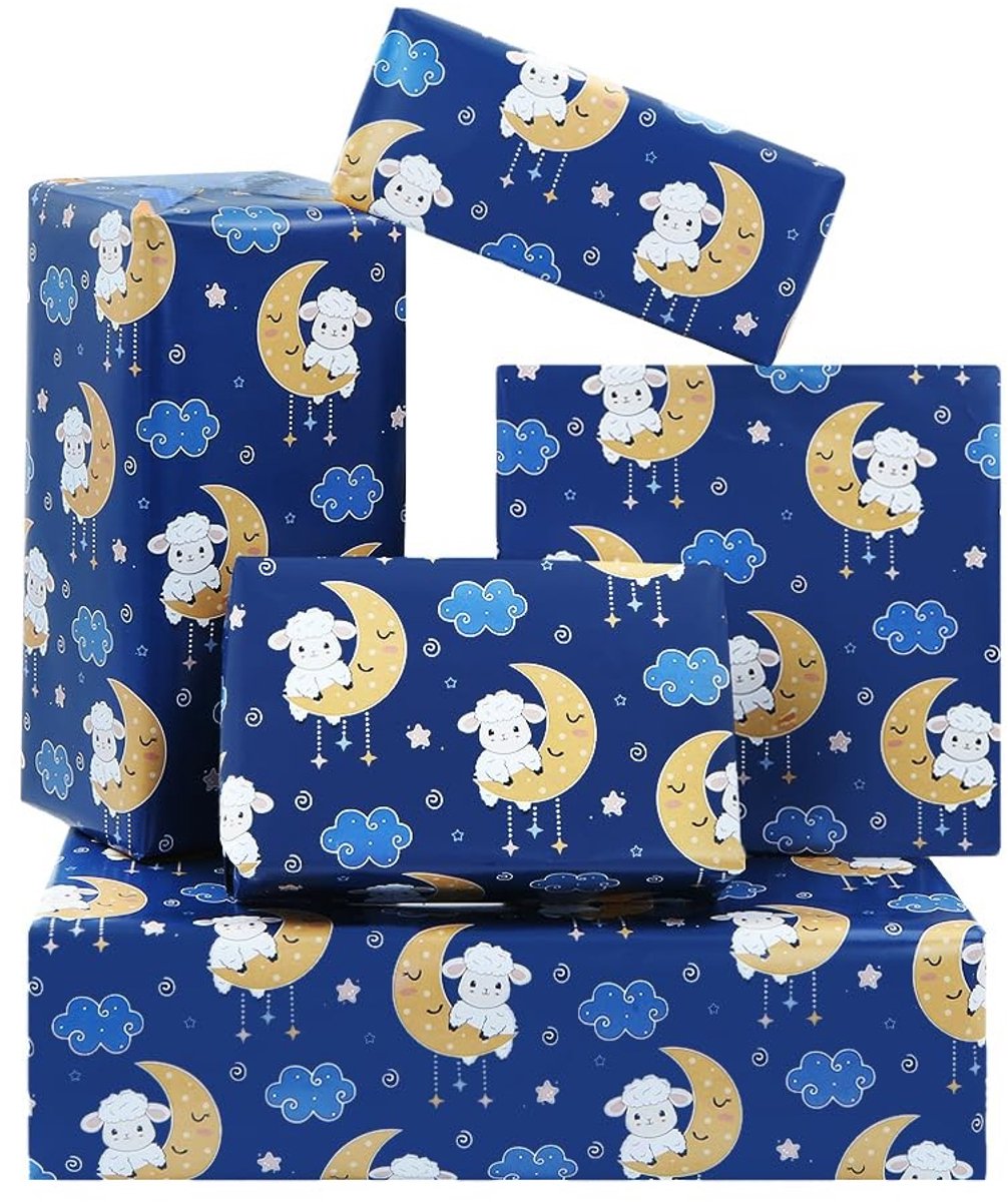 Cosensi- Inpakpapier Verjaardag - Schapen Lam Maan - Cadeaupapier Kinderen - 4 Vellen - 50x70 cm - Luxe Ontwerp