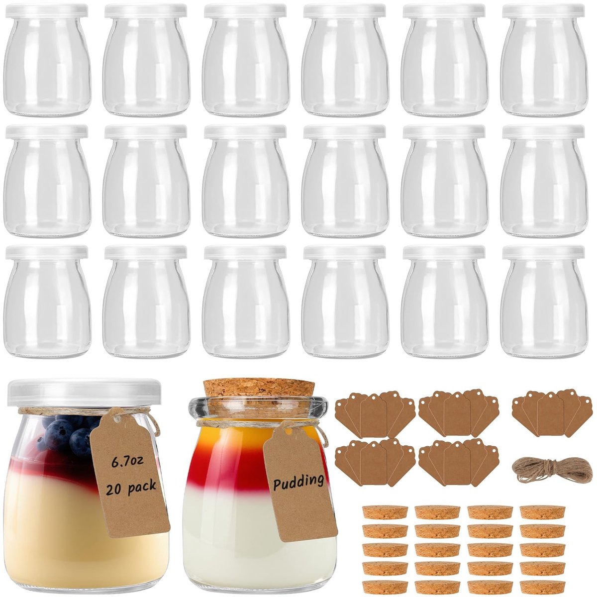 Cosensi- Yoghurtglazen 190ml - 20 Stuks - Transparante Dessertglazen - Jampotjes met Etiketten - Pudding Glazen - Inclusief Deksel en Koord