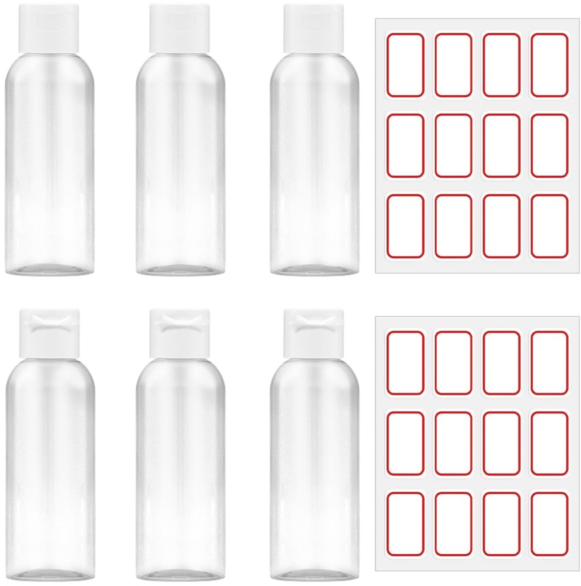 Cosensi- Reisflessen Set van 6 - 80 ml Plastic - Transparante Fles voor Cosmetica - Reisflessen met Labels - Toilettas - Geschikt voor Shampoo en Gel