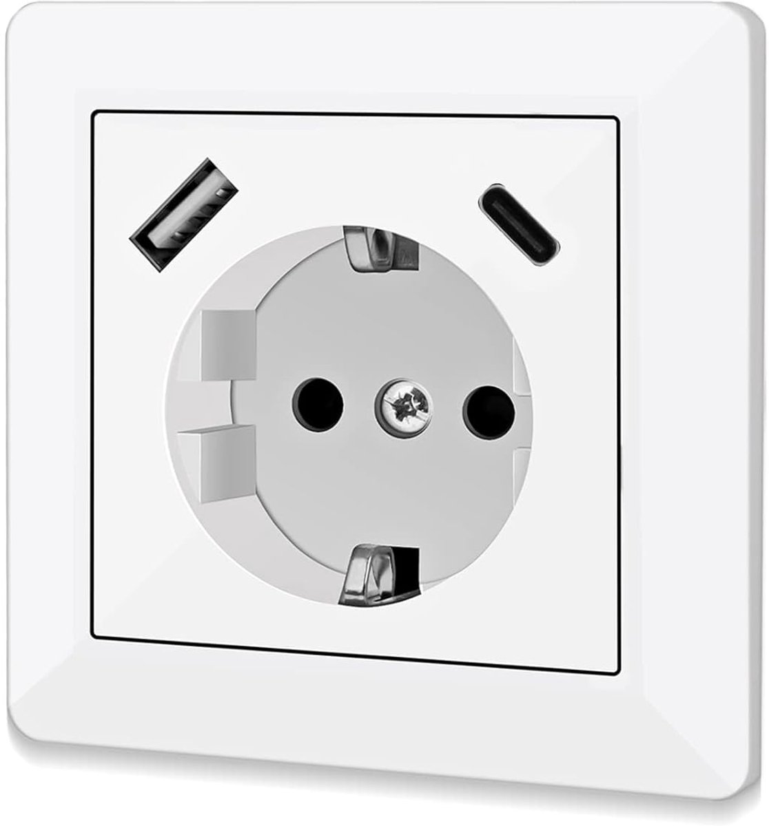 Stopcontact met USB - Wandcontactdoos Inbouwstopcontact - Apparaten Laden - Met USB-C en USB-A - Standaard Inbouw - Wit