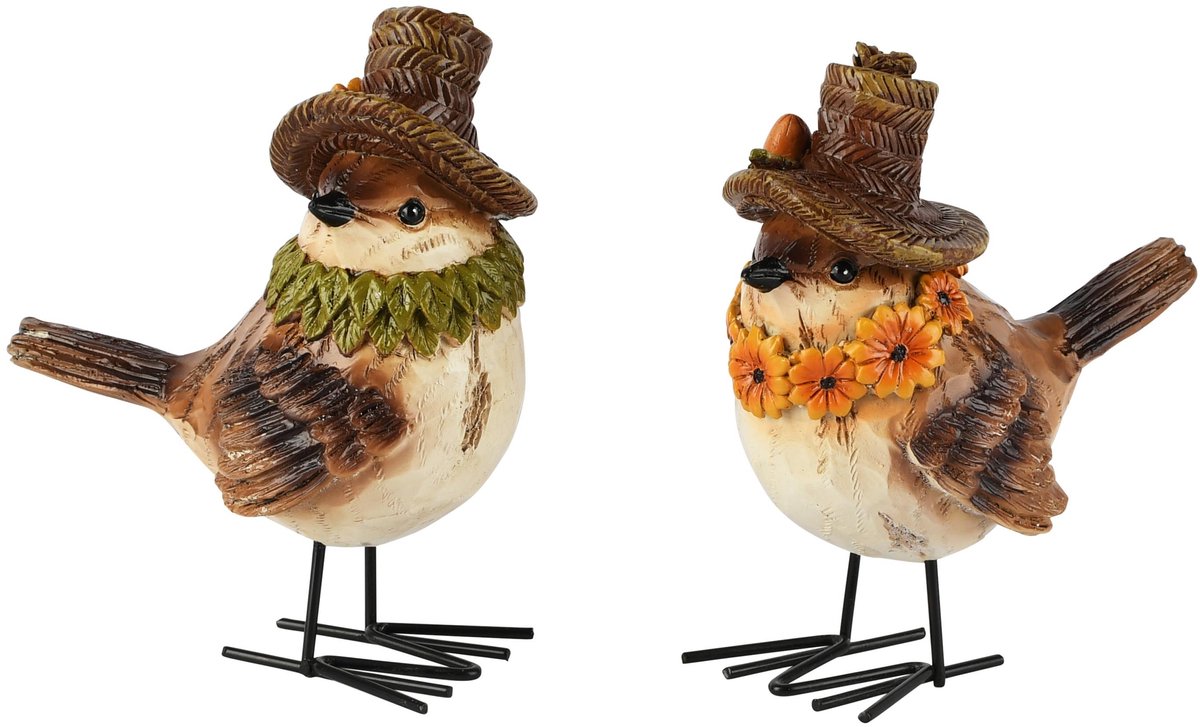 Dekoratief | Vogeltje staand m/blaadjeskraag/hoed, resina, 11x6x12cm, set van 2 stuks | A265437