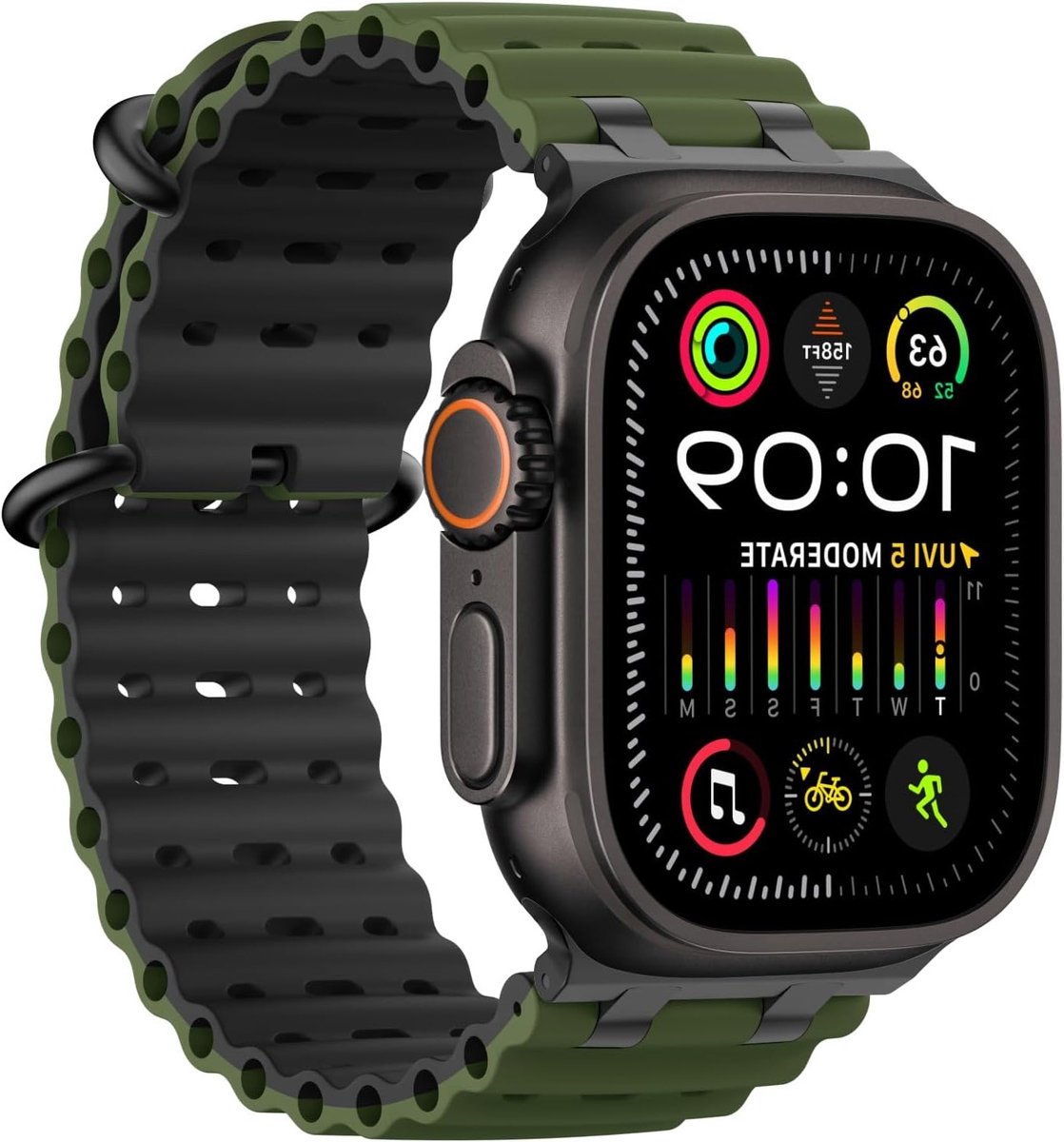 Ademende siliconen sportarmband voor Apple Watch Ultra en Series met metalen connector, legergroen, 49 mm en 46 mm