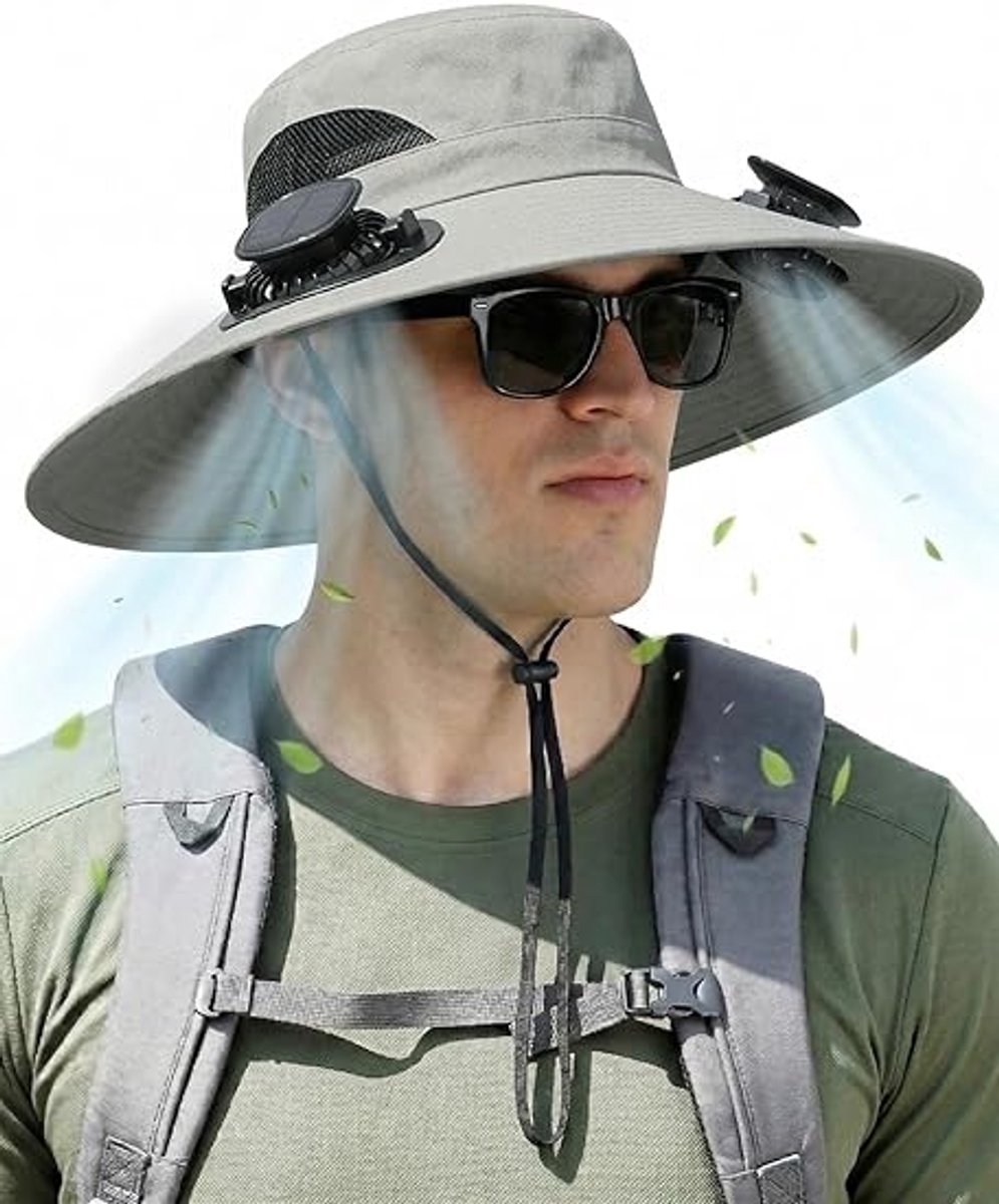 Zonnehoed heren-safarihoed heren-Zonnehoed met ventilator - Zonnehoed met brede rand - Uitgerust met 2 ventilatoren op zonne-energie - Vissershoed met ventilator - Voor buitenactiviteiten, wandelen en kamperen - Hoedomtrek 48-56 cm - Lichtgrijs