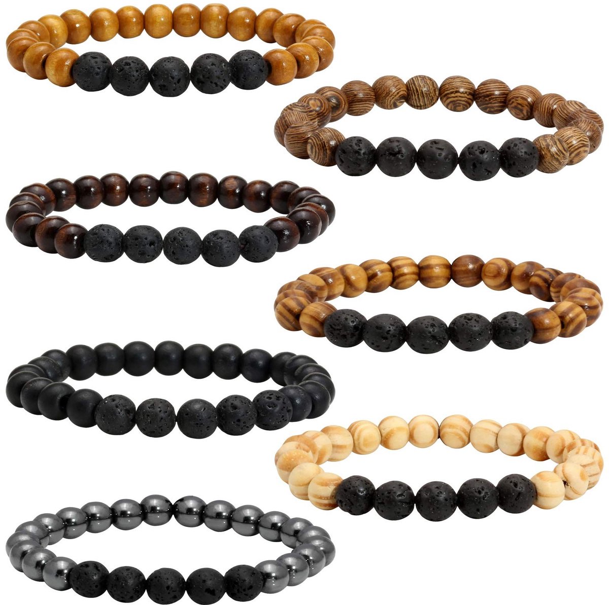NTH products- Diffuser Armband 7 Stuks - Lava Rock/Kralen - Houten/Lavasteen - Rekbaar 17-20 cm - Geschikt voor Meditatie/Yoga - Leuk Cadeau - Aromatherapie Armband