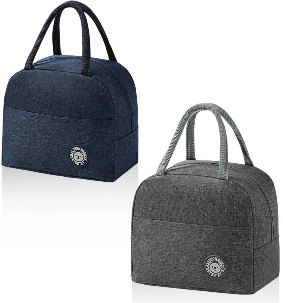 MTTproducts- Lunchtas 2 Stuks - Kleine Koeltassen - Grijs/Marineblauw - Praktische Hengsels - Voor School/Kantoor - Zijvakken - Koeltas