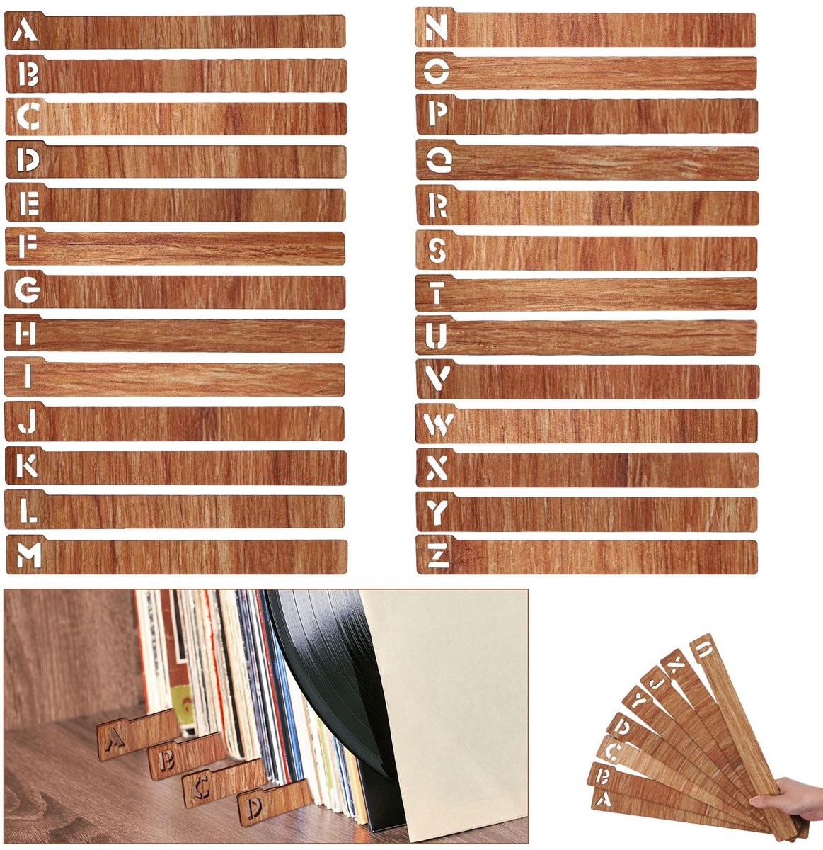 MTTproducts- Vinyl Record Dividers 26 Stuks - Houten Organizer - A-Z Alfabetische Verdelers - 35 cm Lengte - Bruin - Premium Materiaal - Platenverdelers