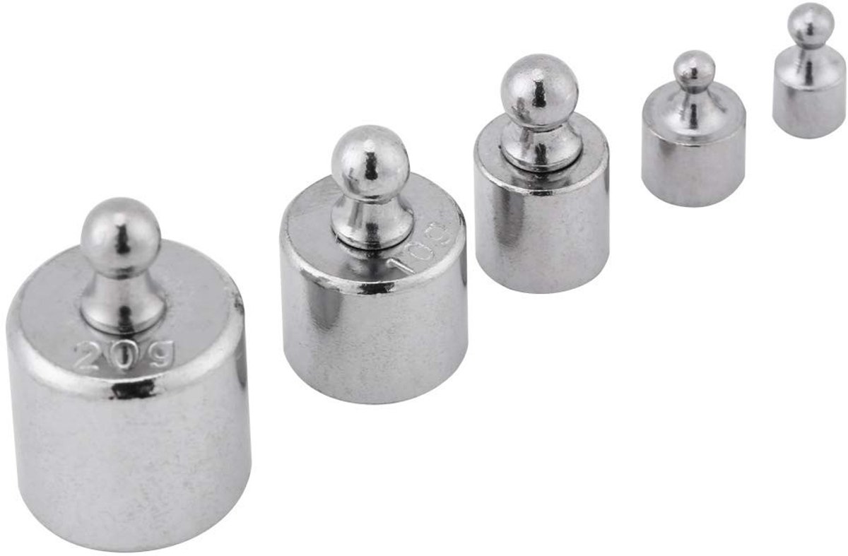 MTTproducts- Contragewichten Set 5 Stuks - Kalibratiegewichten 1g/2g/5g/10g/20g - Precisiebalans - Verchroomd - Nauwkeurigheid +/- 0,003g