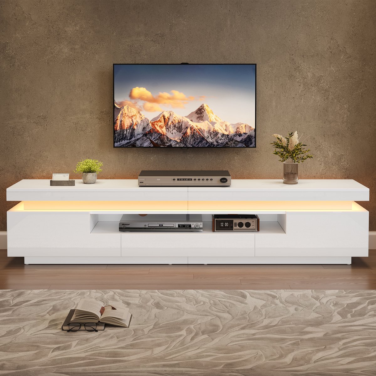 Re-purelife® Modern TV-meubel 175×38×45 cm wit hoogglans met LED, 2 L-vormige kasten, 1 la
