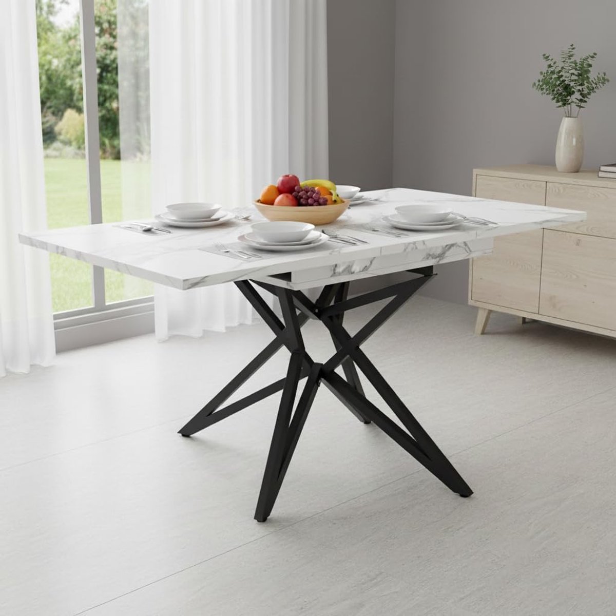 Uittrekbare Eettafel - Keukentafel Verstelbaar - Eten en Borrelen - Uitschuifbaar Blad - 120 tot 160 cm - Wit Marmerlook