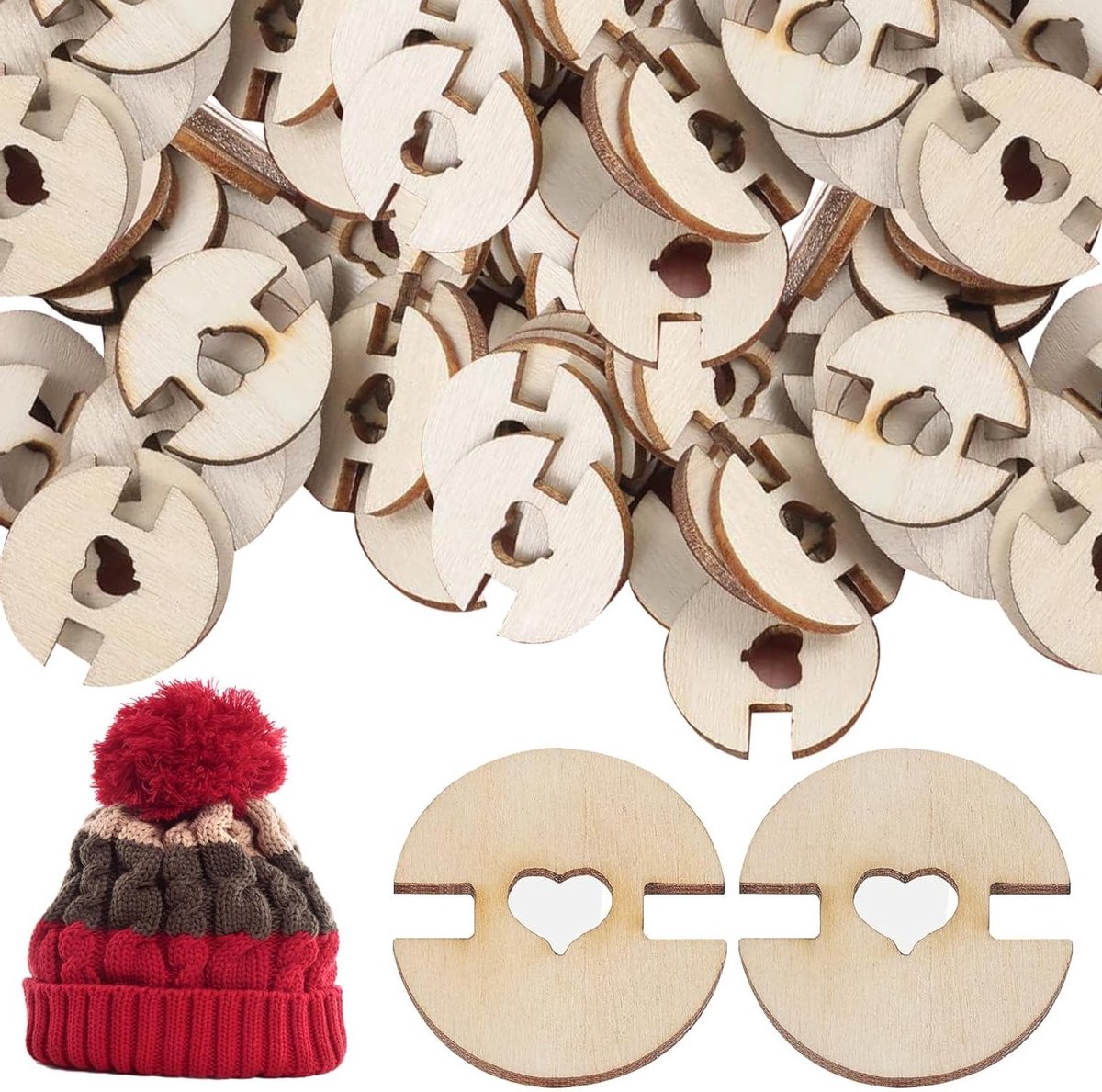 Set van 60 pom pom knopen voor hoeden, houten houder met verwisselbaar ontwerp, naai knopen voor haak- en breiprojecten, accessoires voor handwerk en cadeau voor hobbyisten
