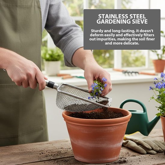 Zandzeef Set - Grondzeef Compostzeef - Tuinieren Compost Zand - Roestvrij Staal Handvat - 3 Maten 2.8-5mm - Zilver — afbeelding 4