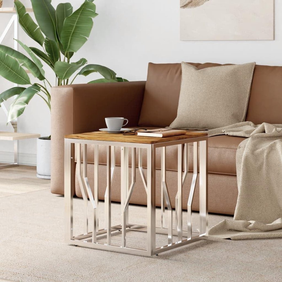 Salontafel Metaal - Houten Tafel - Woonkamer Decoratie - Stevig Frame - 50 x 50 x 50 cm - Zilver