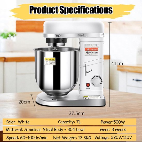 Keukenrobot - Keukenmixer - Bakken en Koken - 3-in-1 Multifunctioneel - 7 Liter Kom - Wit — afbeelding 3
