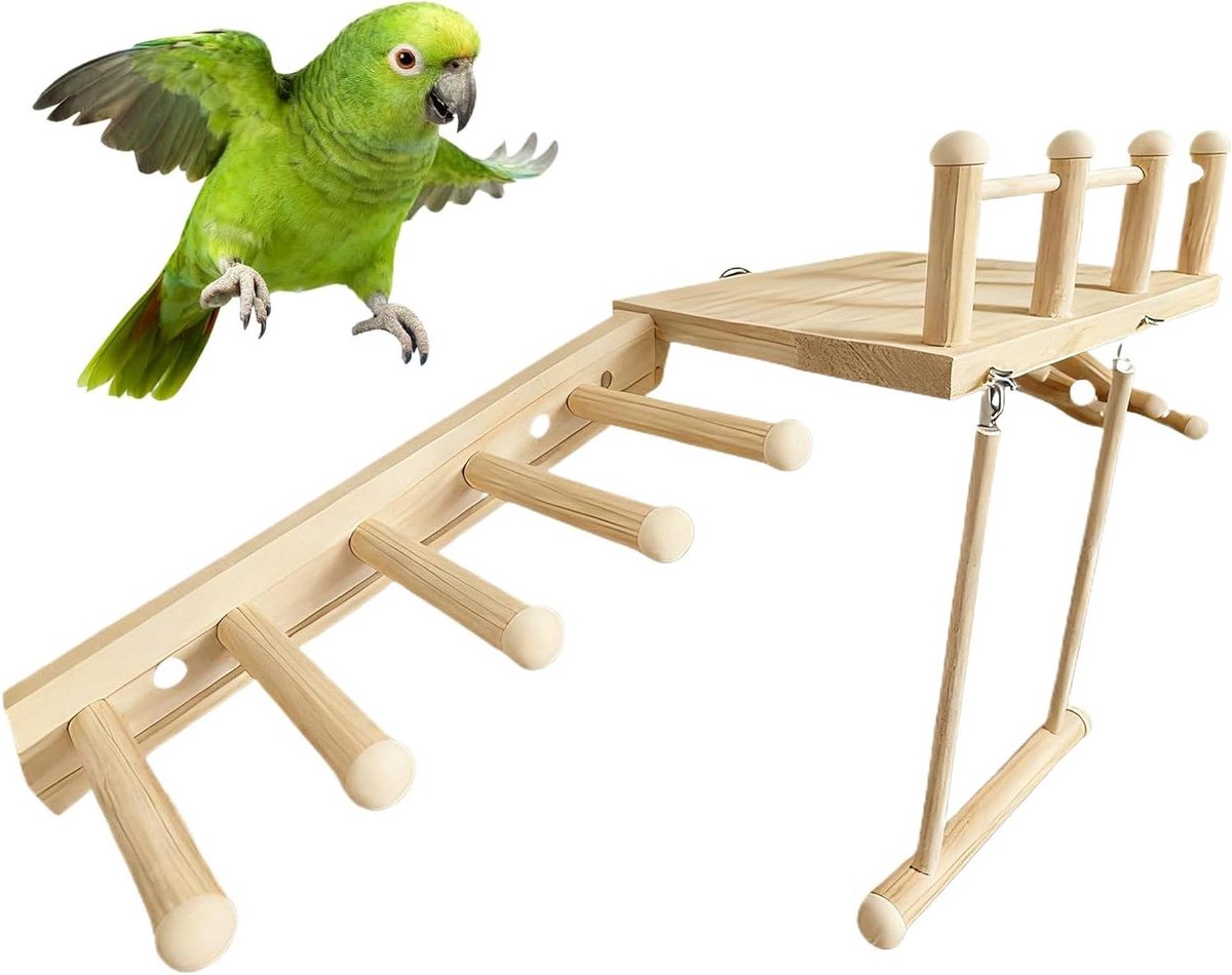 Vogel Speelgoed Set - Klimtouw Schommel - Vogel Verrijking - Robuust Hout - 4 Delig - Natuurlijk