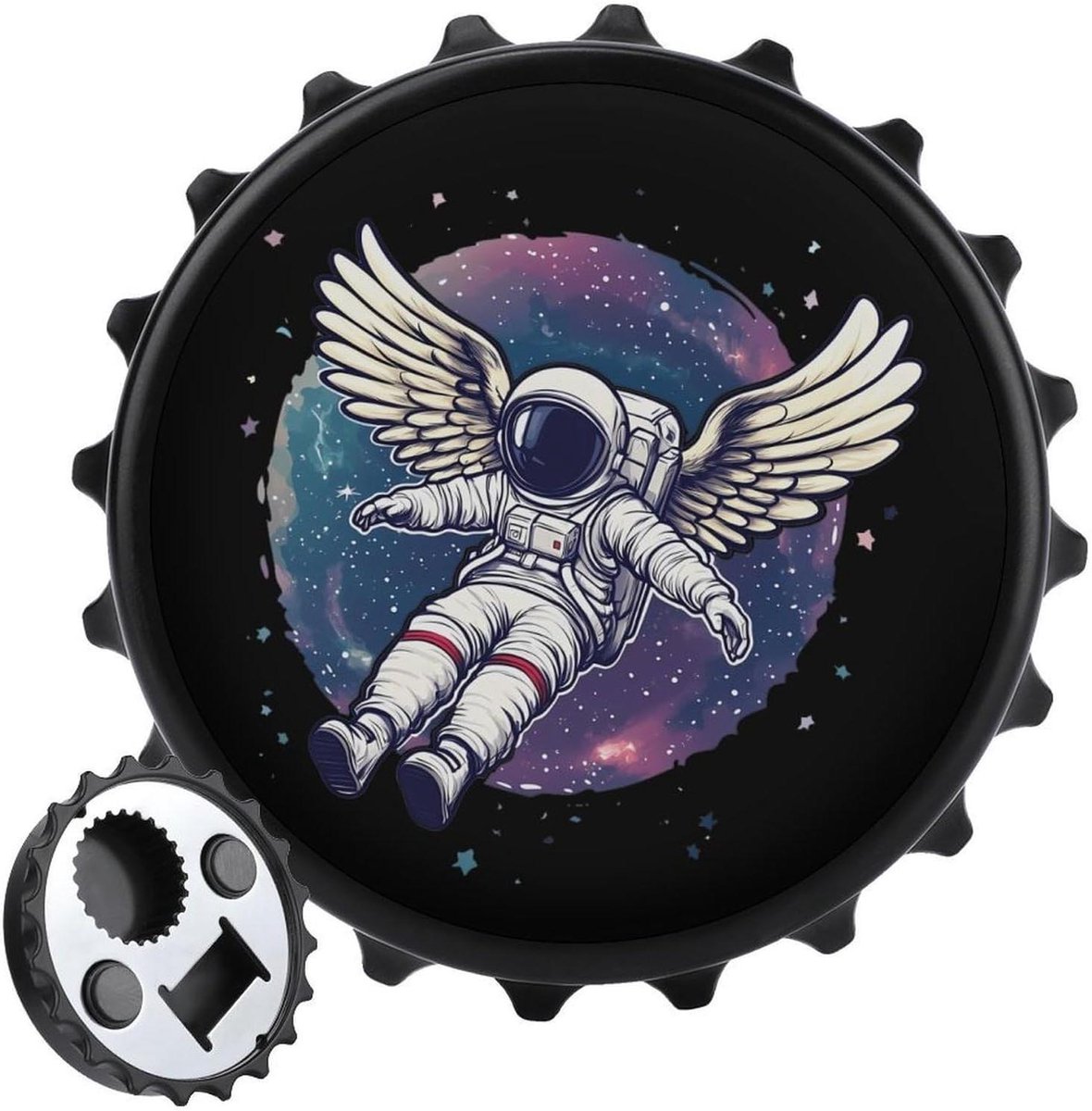 Astronaut Flesopener - Koelkast Magneten - Bier Openen - Met Wing Magneten - 1 Stuk - Zwart