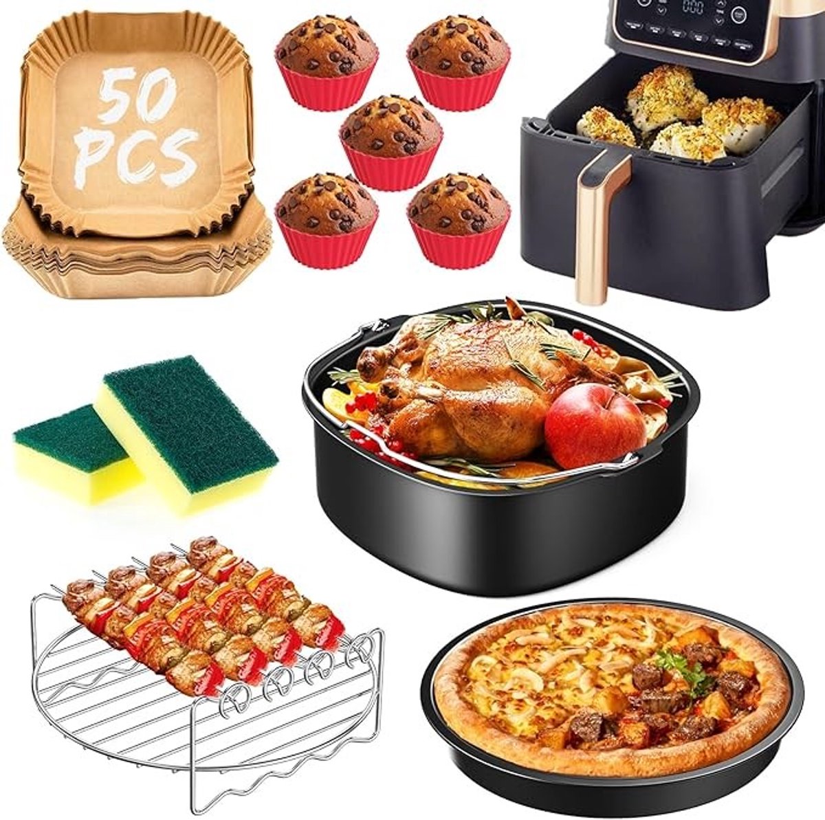 Airfryer Accessoires Set 11-delig - Bakvorm, Grillrooster, Pizzapan en Bakpapier