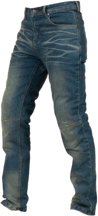 Blauwe denim motorbroek met vintage wassing en bruine stiksels, met kniebeschermers.