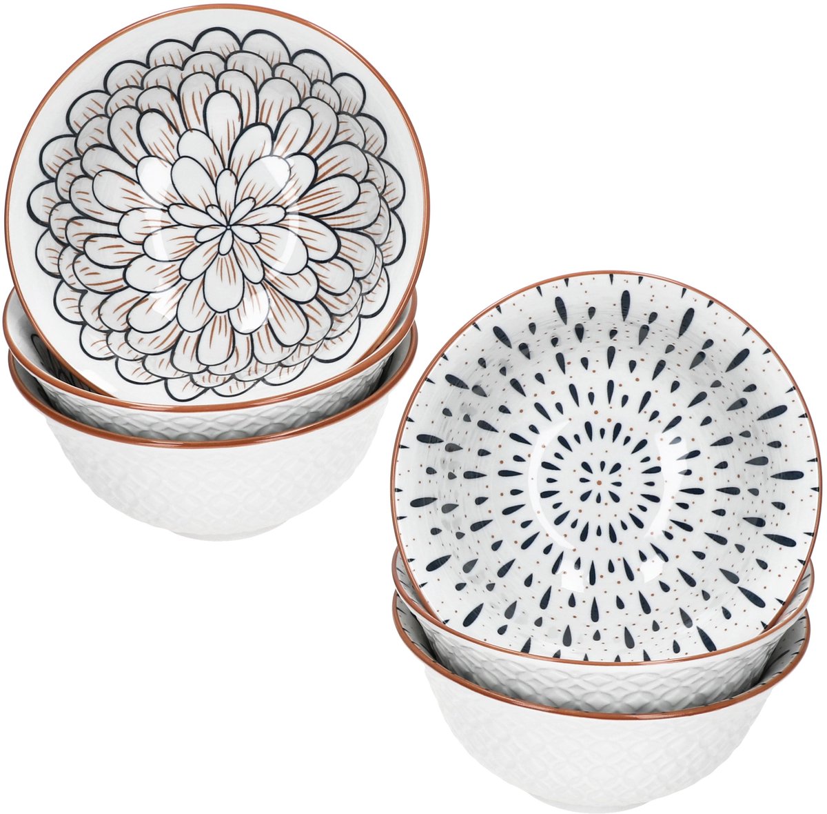 6-delige set YAMA ontbijtborden blauw & wit 2 motieven van steengoed