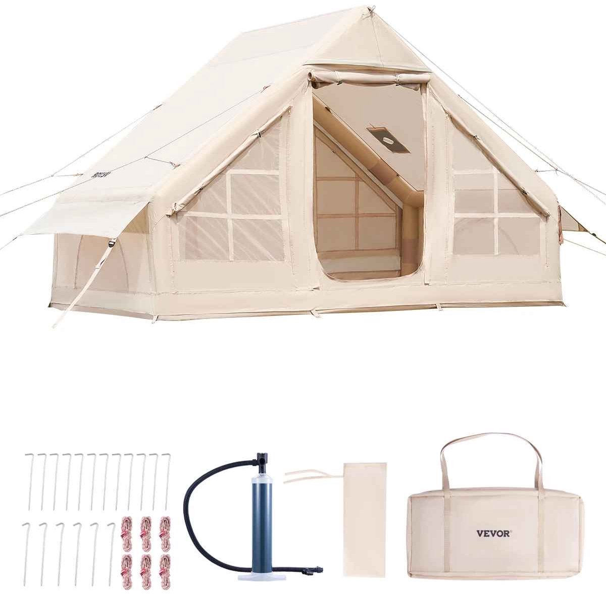 CORE Kampeertent - Opblaasbare kampeertent - Ruime opblaastent - Met handpomp - Camping tent - 400x300x200cm - 4x3x2m - Beige