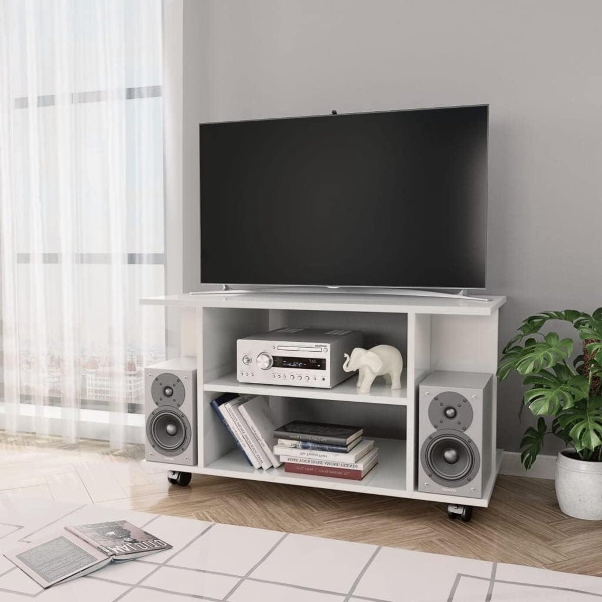 TV Kast met Wielen - Entertainmentmeubel Mediabureau - Tv Kijken - Hoogglans Afwerking - 80x40x45 cm - Wit