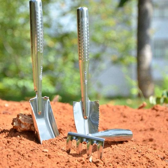 Mini Tuinieren Gereedschap - Kleine Hand Schop - Potplanten Verzorgen - Roestvrij Staal - 3 Delig - Zilver — afbeelding 3