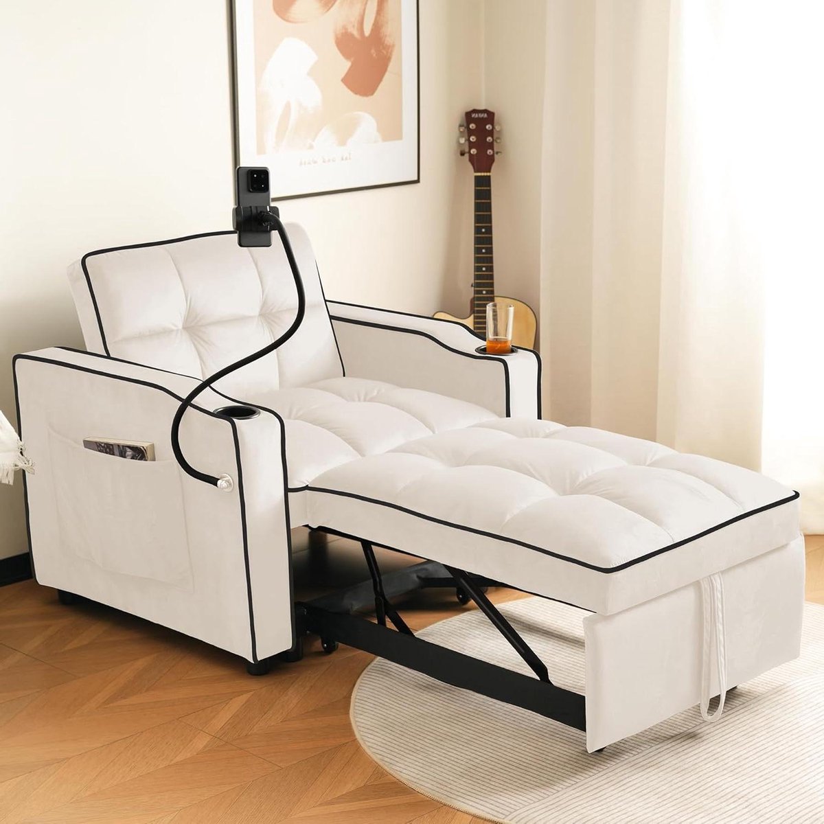 Uittrekbare slaapbank - Fauteuil slaapbank ligstoel - Kleine ruimtes inrichten - 3-in-1 multifunctioneel design - 83x167x76 cm - Beige