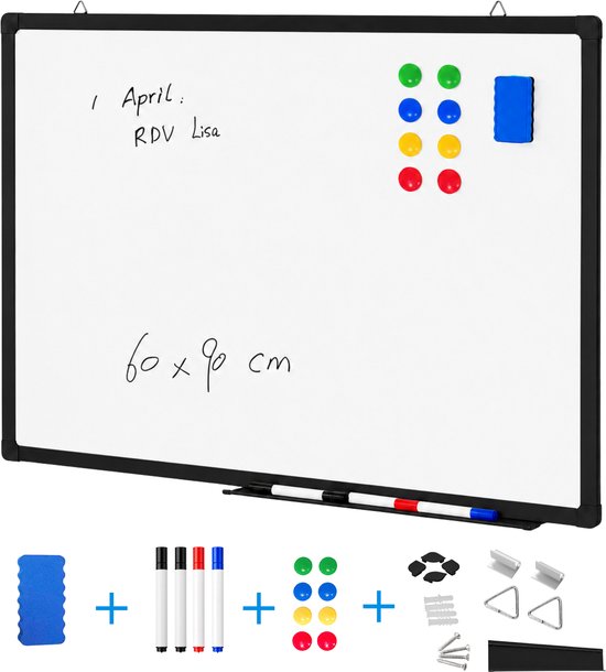 ACAZA Whiteboard - Magnetisch - 60 x 90 cm - Magneetbord - Weekplanner - Inclusief 8 Magneten, 4 Stiften, Wisser en Pennenbakje - Whiteboard Stiften - Weekplanner Whiteboard - Maandplanner - Magneten Whiteboard - Memobord