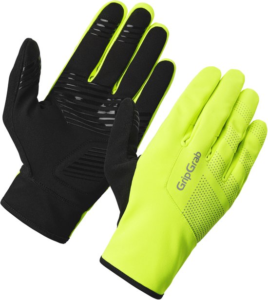 Paar neongroene en zwarte fietshandschoenen, met GripGrab logo op de neongroene handschoen.