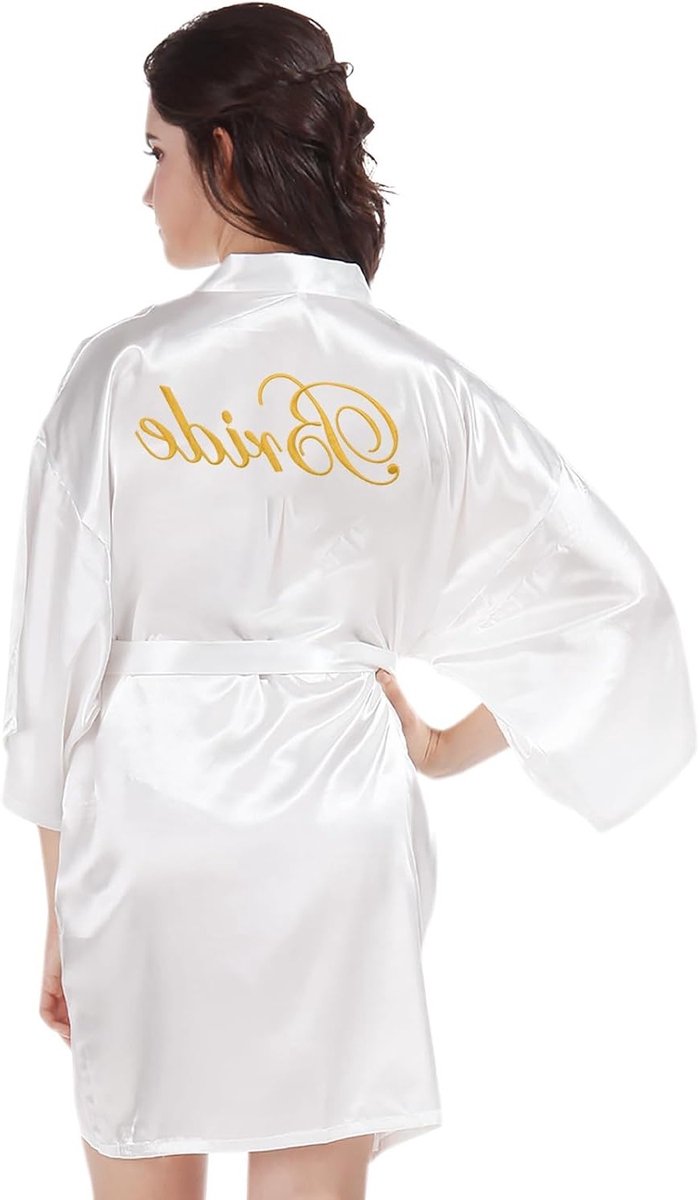 Luxueuze Satin Kimono met V-Hals en Gouden Borduursels - Ideaal voor Bruiloft, Vrijgezellenfeest en Bruidsmeisjes