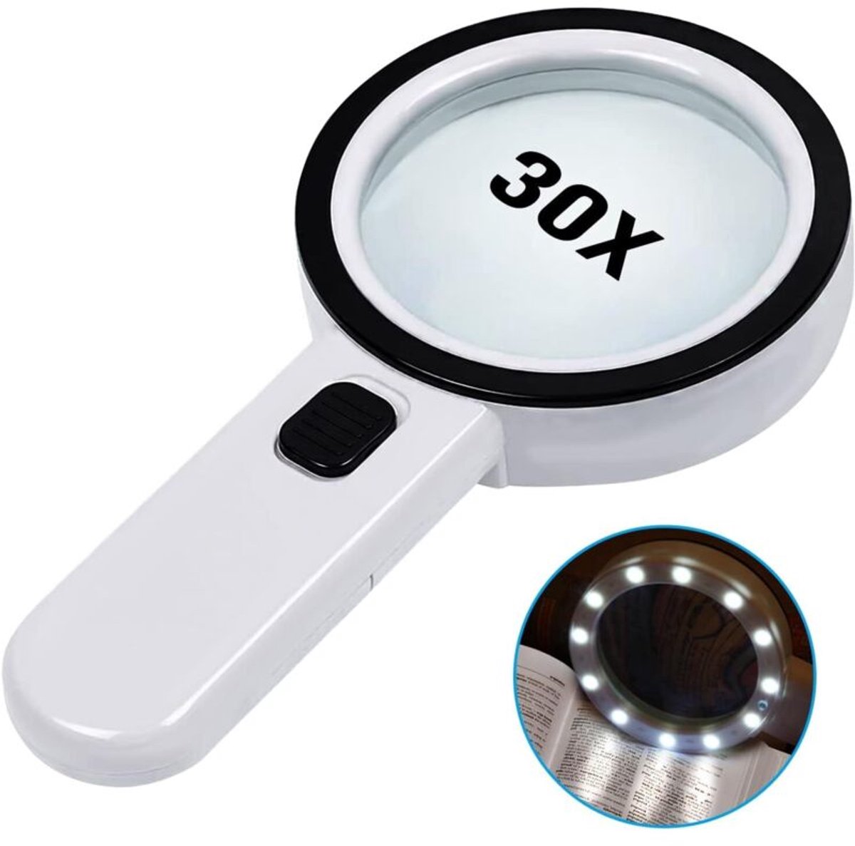 Vergrootglas met 30x vergroting en 12 ledlampjes - Speciaal ontworpen verlicht leesvergrootglas voor senioren - Geschikt voor het lezen, bekijken van munten, postzegels, kaarten en andere voorwerpen.