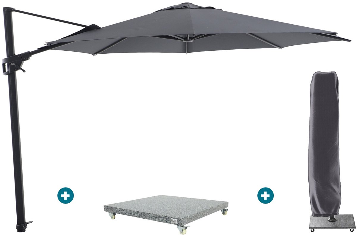 Perfect Shadow Luna ronde zweefparasol Ø350 cm. Flex+ Antraciet met Valencia voet en hoes