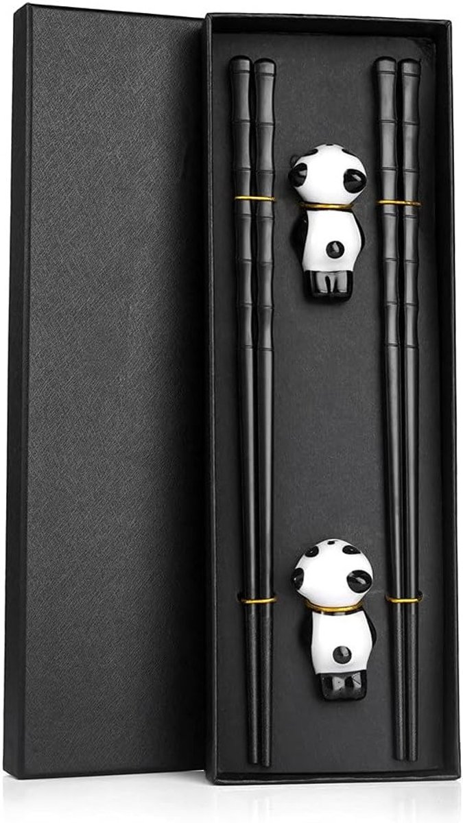 Set van 2 Herbruikbare Zwarte Fiberglas Sushi Sticks met Panda Ceramische Kussens en Cadeauverpakking, Vaatwasserbestendig en Duurzaam