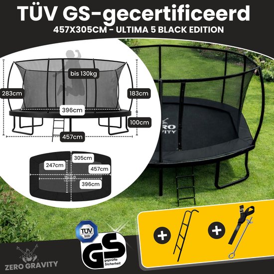 Afmetingen van een zwarte trampoline 457x305 cm, met een diagram van de trampoline en een gedetailleerde plattegrond. Inclusief ladder en grondankers.