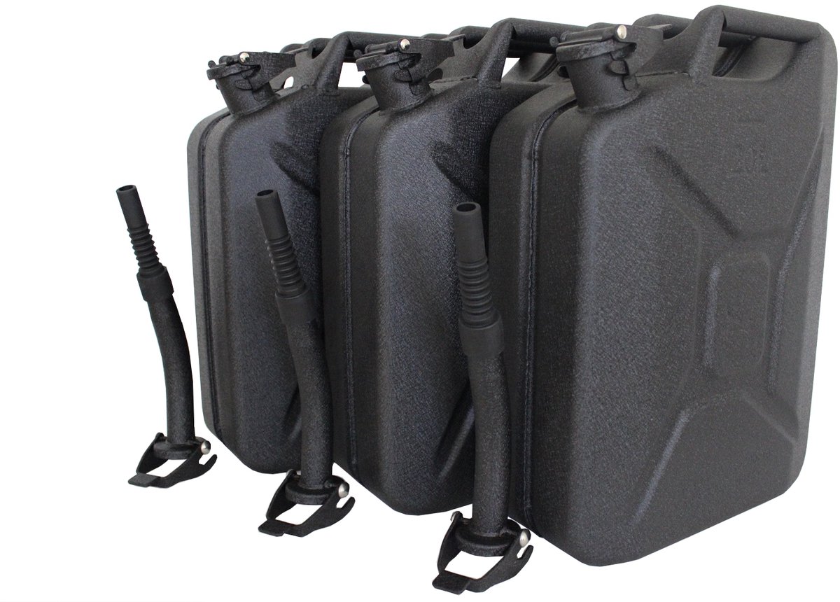 TRUTZHOLM - Metalen Jerrycan Set van 3 - 20 Liter - Zwart Hammerschlag - Incl. Schenktuit & Houder - Benzine - Diesel - Brandstofkan