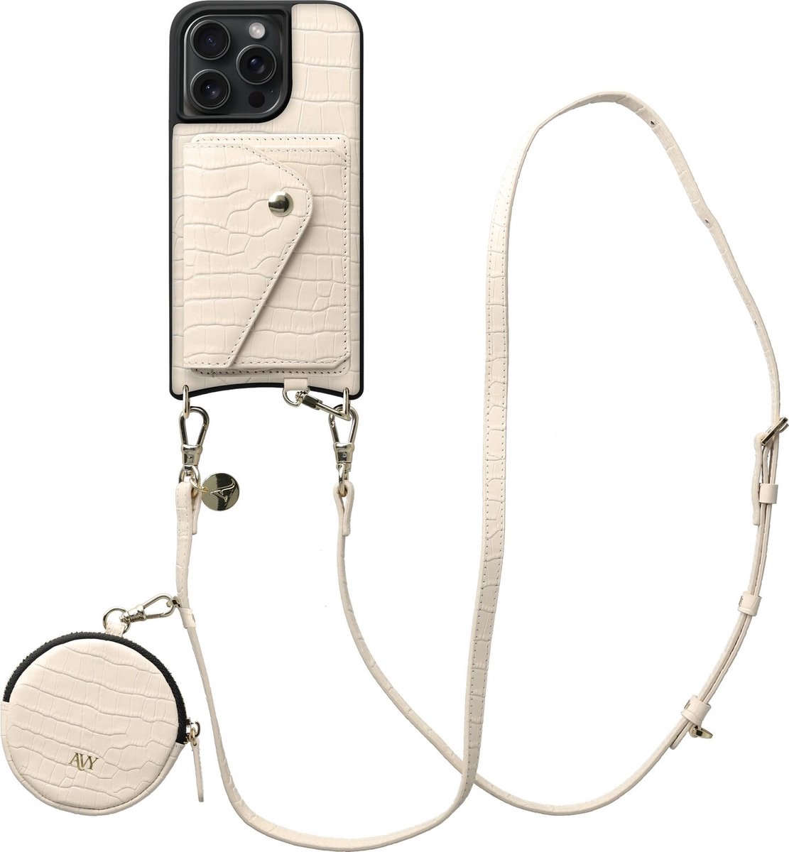 AVY Leren Hoesje geschikt voor Apple iPhone 15 Pro Max | Met Koord, Wallet en Pouch | Compatibel met MagSafe | Leather Case met 130CM Koord | Long Leather | Croco Beige