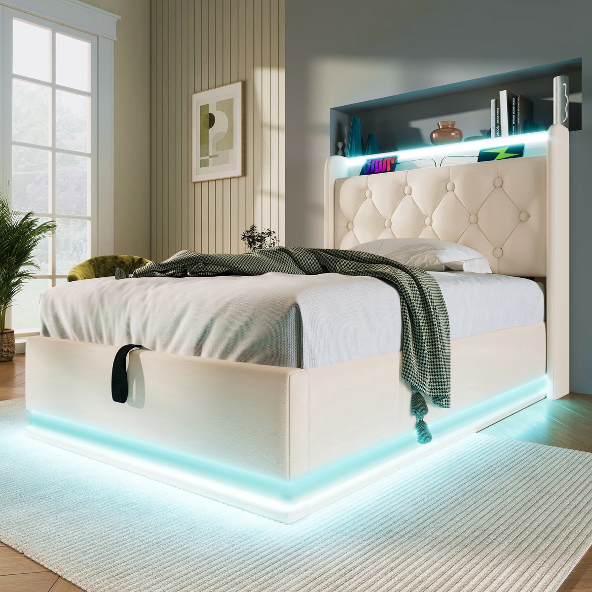 VVBV Bed met opbergruimte 90x200 / Eenpersoonsbed 90x200 – met Hydraulische Opbergruimte, LED-Verlichting, USB, USB-C, Lattenbodem – Hoofdbord – Wit White