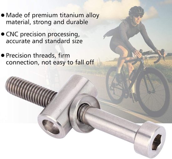 Een zilverkleurige T-bout van metaal met schroefdraad, met een vrouw op een fiets op de achtergrond. Tekst: 'Made of premium titanium alloy material, strong and durable'.