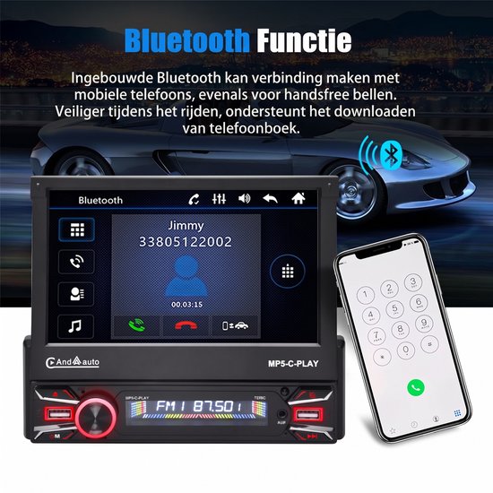 Autoradio met Bluetooth, toont inkomende oproep van 'Jimmy'.