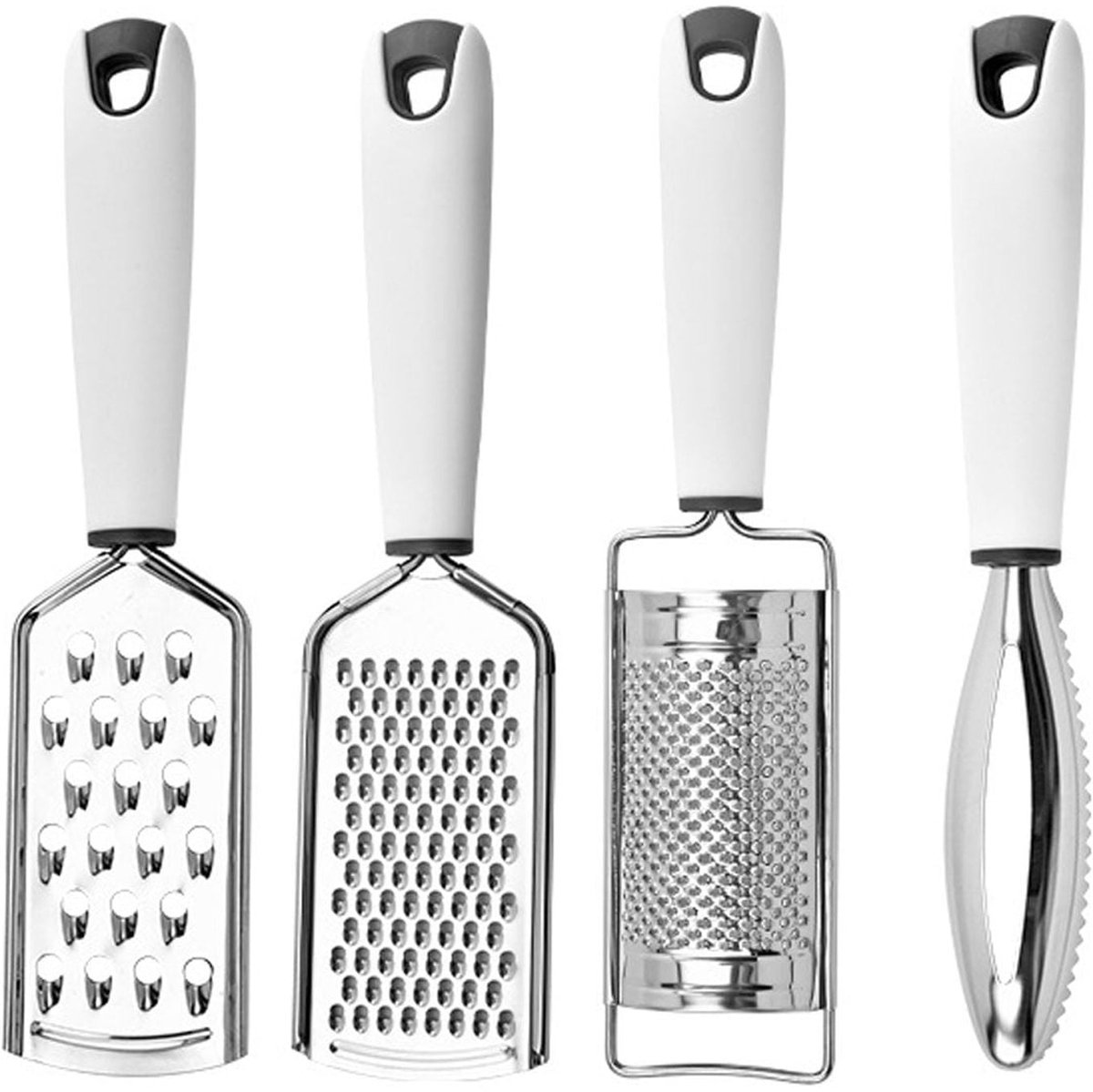 Vierdelige set: groentesnijder, kaassnijder, aardappelsnijder, uiensnijder.