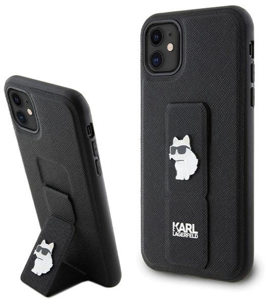 Karl - Lagerfeld - Gripstand Saffiano Choupette Pins Case voor iPhone - 11 / Xr - Zwart