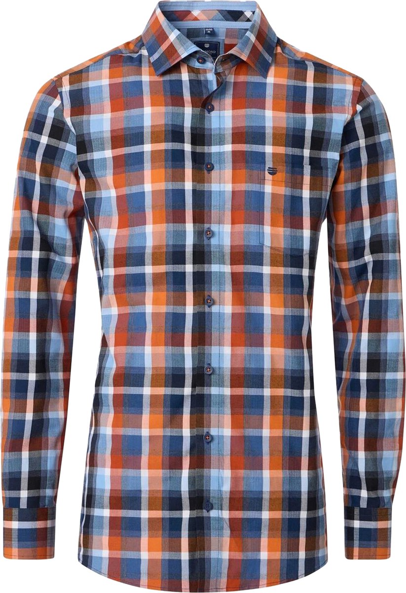 Redmond comfort fit overhemd - dobby - oranje met blauw en wit geruit - Strijkvriendelijk - Boordmaat: 37 - 38