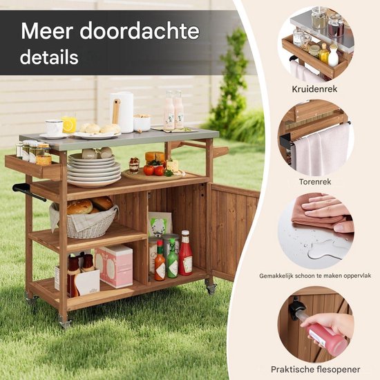 Buitenkeuken op Wielen - BBQ Trolley - Met Opbergkast & Planken - Werktafel voor Buiten - Hout & Metaal - Multifunctioneel - Koffie + Zilver van Merkloos — afbeelding 5