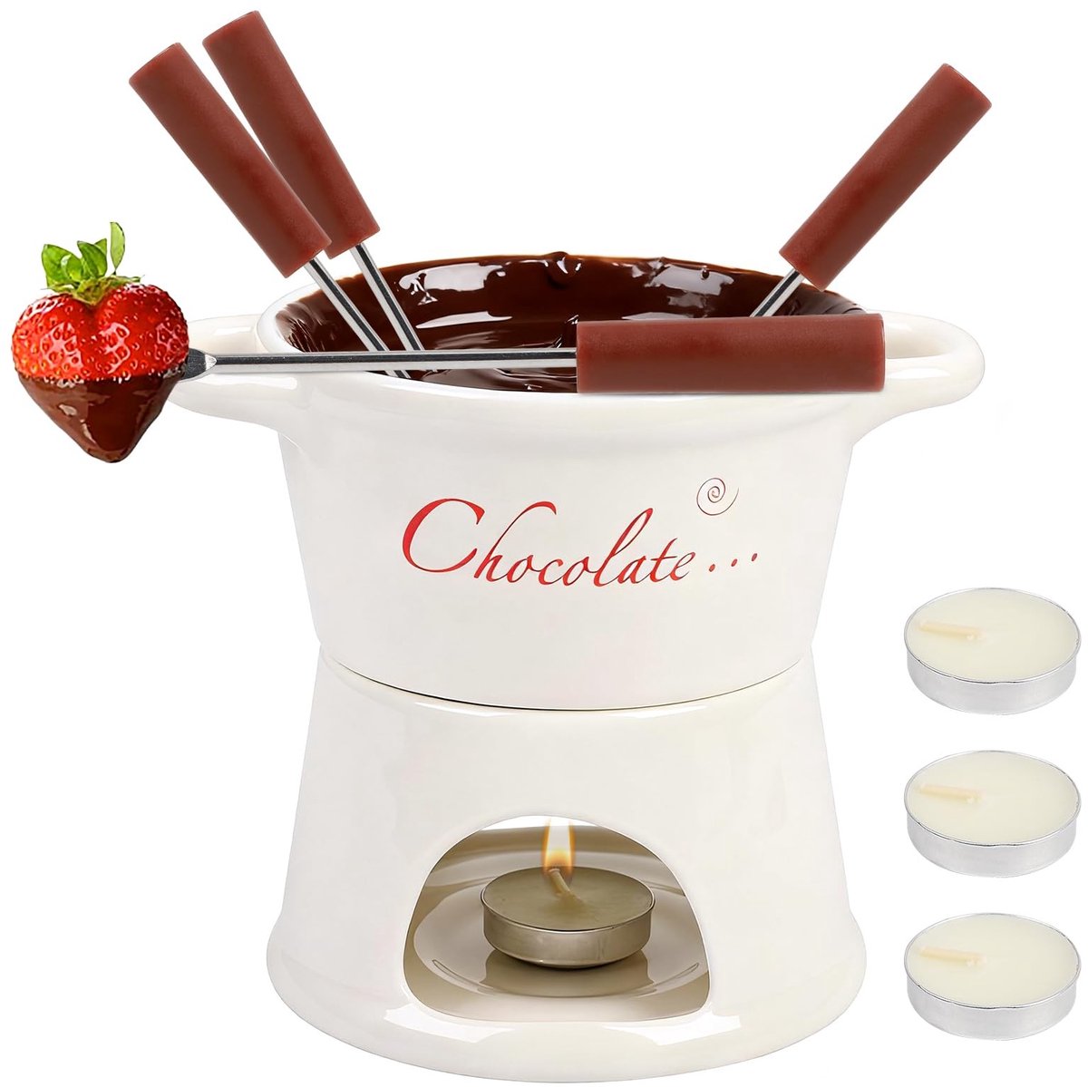 Allecto - Chocolade en Kaas Fondue Set - 300 ml Keramisch - Inclusief 4 Vorken en Teelichten - Ideaal voor Feestjes - Gezellig Fondue Avond - Perfe...