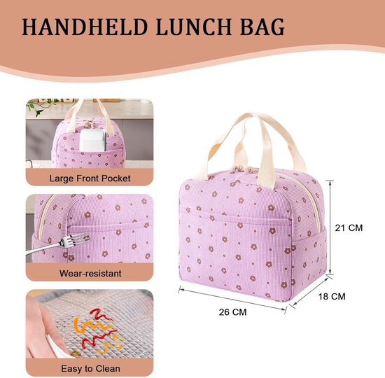 VHV - Lunchtas - Lunchtas dames - Geïsoleerde lunchtas - Geïsoleerde lunchbox voor dames - Corduroy geïsoleerde lunchtas - Voor school - Kantoor - Picknick - Paarse bloemen van Vhv — afbeelding 4