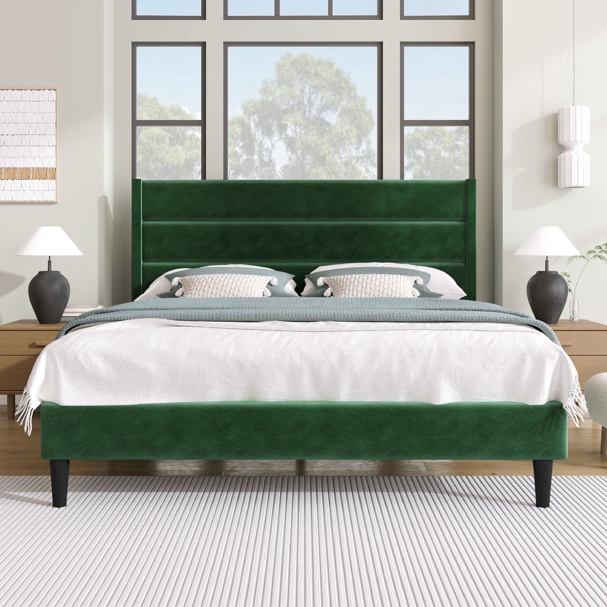 VVBV Gestoffeerd bed 140x200 / Tweepersoonsbed 140x200 – met Opbergruimte, Lattenbodem – Hoofdbord – Tienerbed – Fluweel – Donkergroen – Tienerbed 140x200