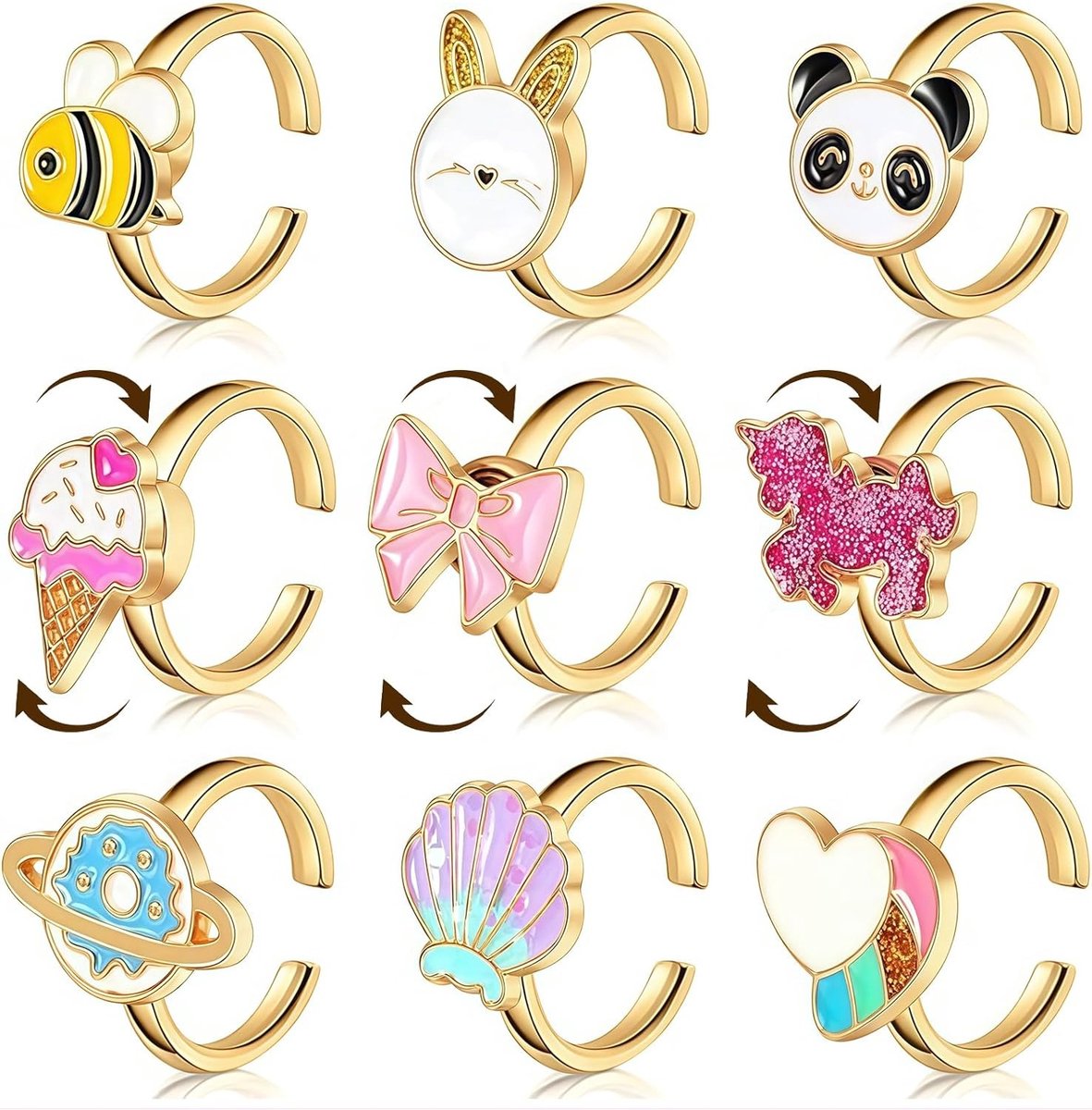 Allecto - Anti Stress Ringen Set - Verstelbaar en Stapelbaar - Stresscontrole - Kalmerend Effect - Geschikt voor Angstvermindering - 9-delige Set