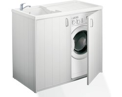 Wasmachinekast met Wastafel - Waskast Hars - Opbergen Wasruimte - Omkeerbaar Bekken - 109 x 60 x 94 cm - Wit
