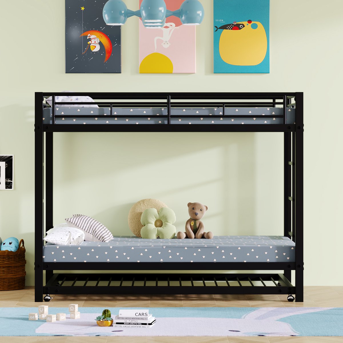 VVBV Stapelbed 90x200 – Kinderstapelbed met Uitschuifbed en Veiligheidshek – Metaal – Zwart – Voor Kinderen en Tieners – Lattenbodem